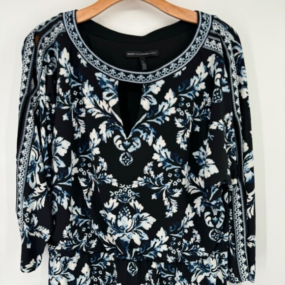 White House Black Market blue Floral Print Dress womens size large open sleeve - Picture 6 of 11